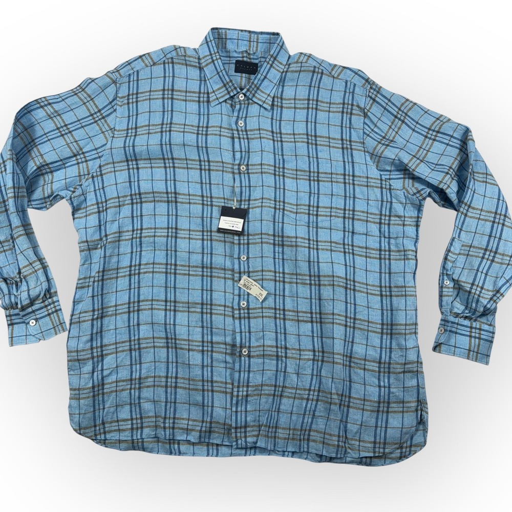 Calder Carmel 100% Linen Plaid Long Sleeve Sport Shirt XXL Blue NWT $238